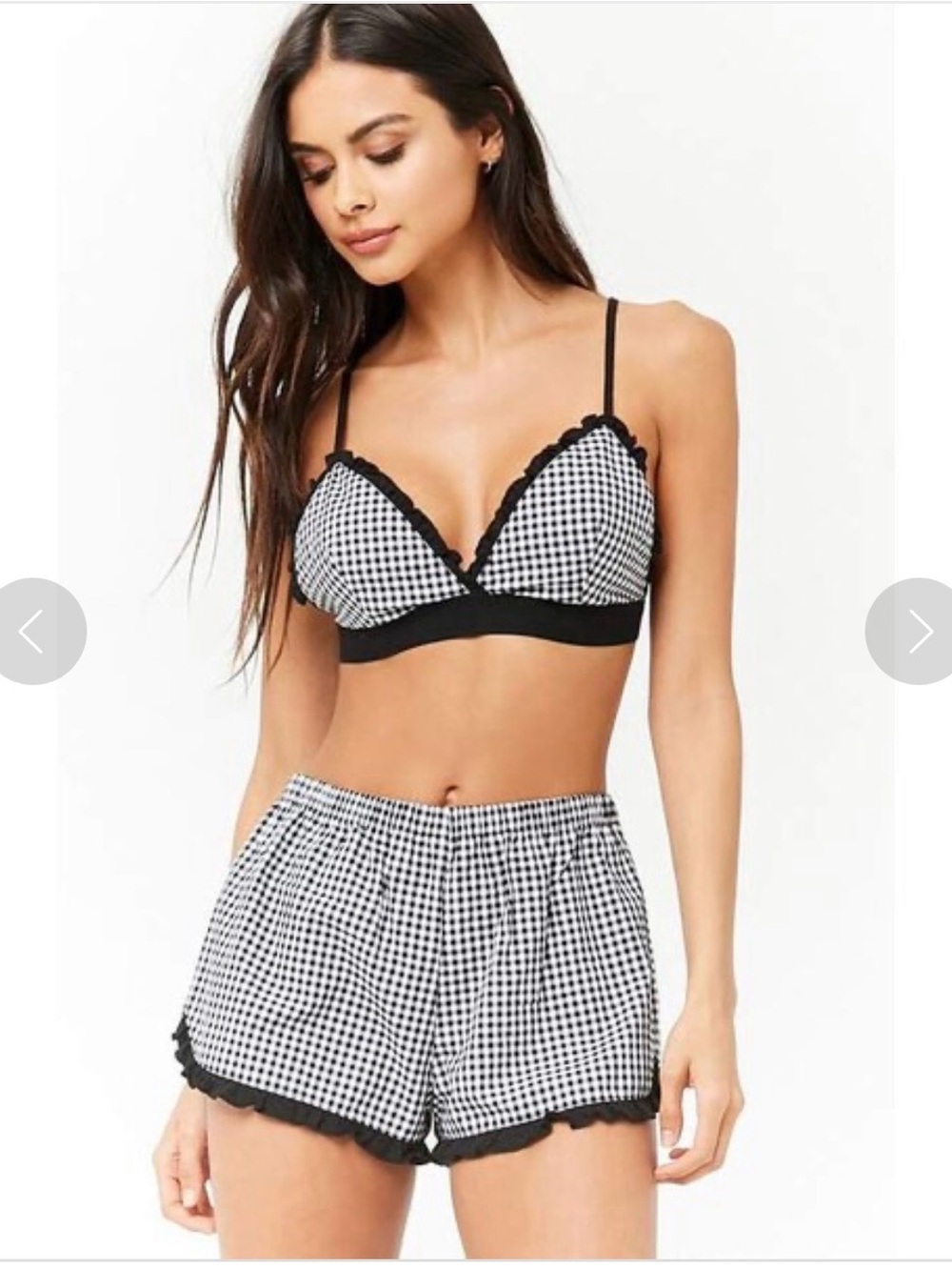 Forever 21 Black & White Gingham Lace-Trim Bralette & Shorts Set